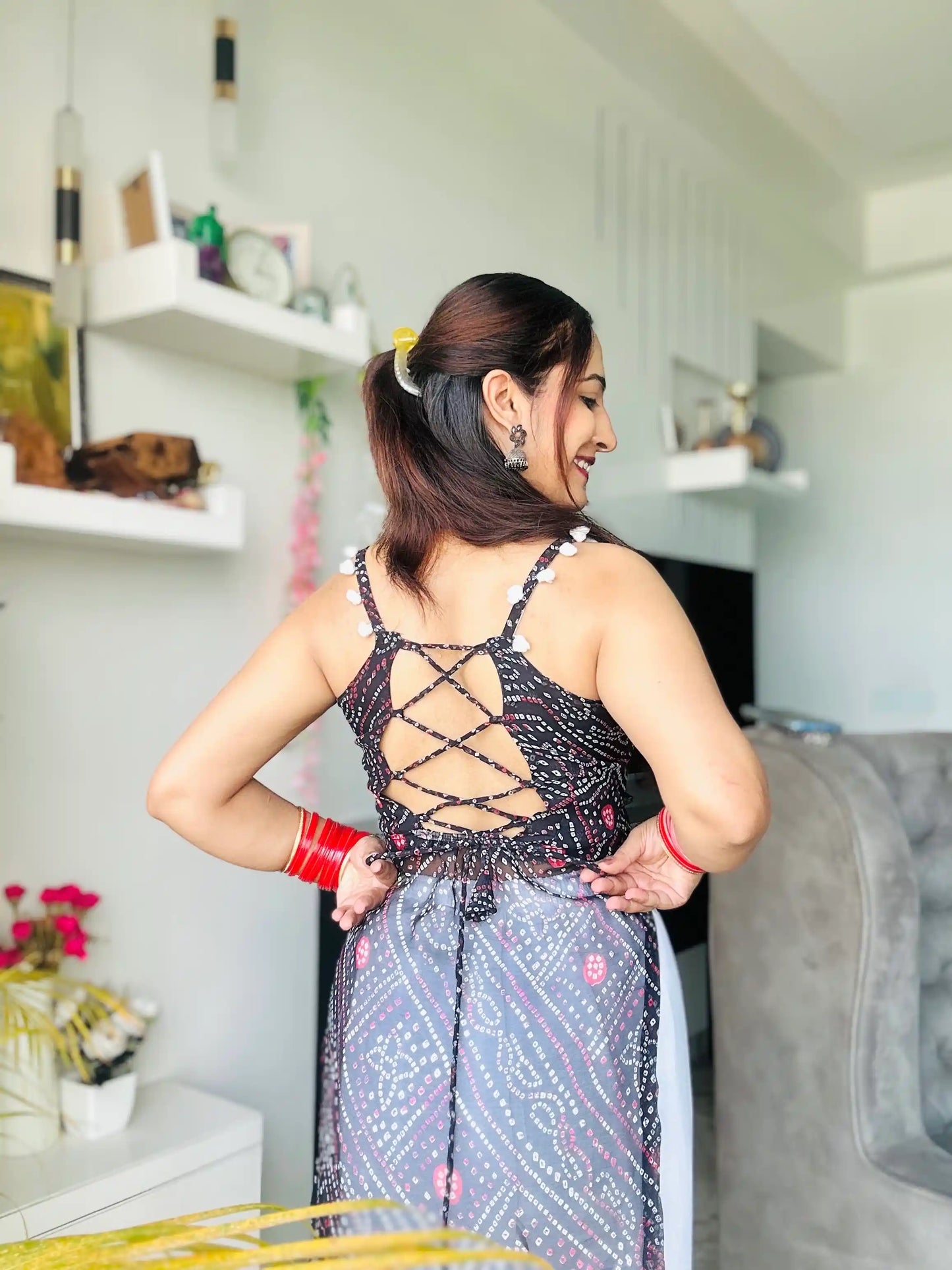 Cyan Blue Bandhej Back-Tie Top