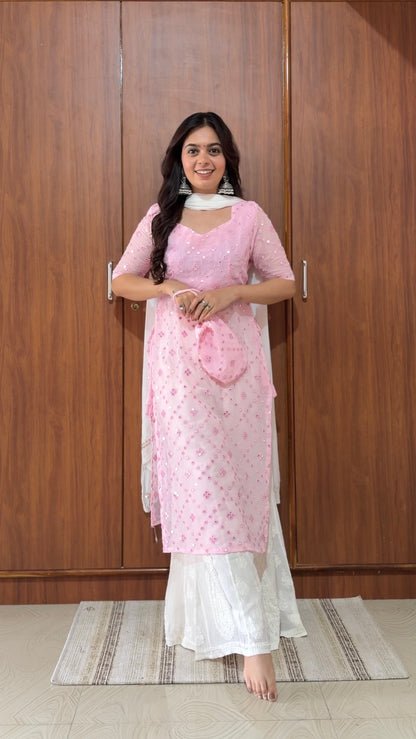 Santoshi’s Pink Mirror Embroidered Gulnaz Kurta