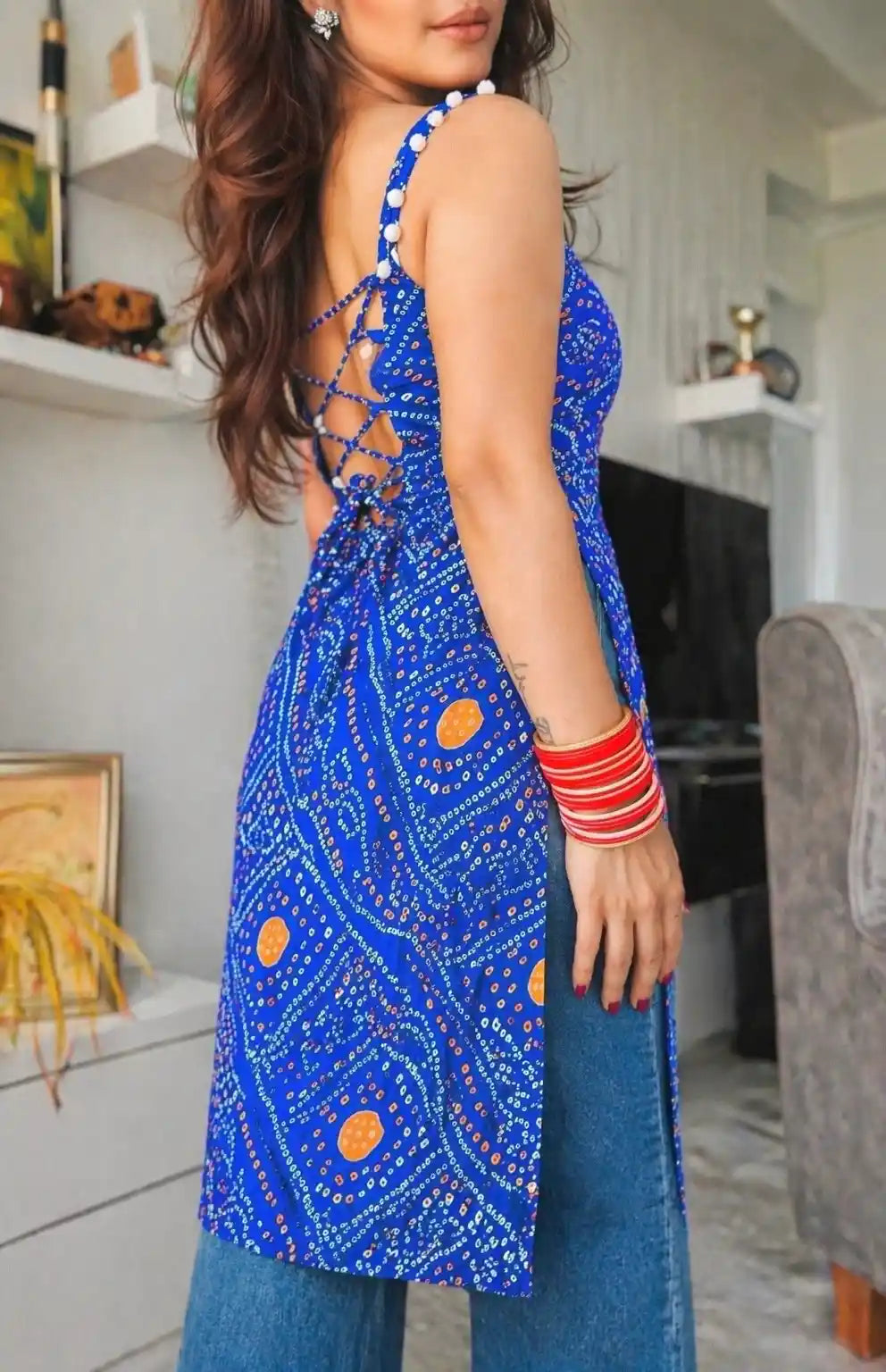 Blue Bandhej Back-Tie Top
