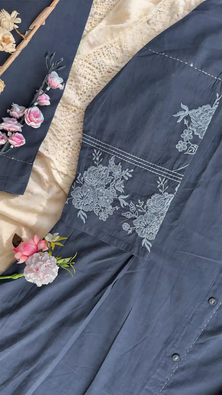 Meher Charcoal Embroidered Suit Set