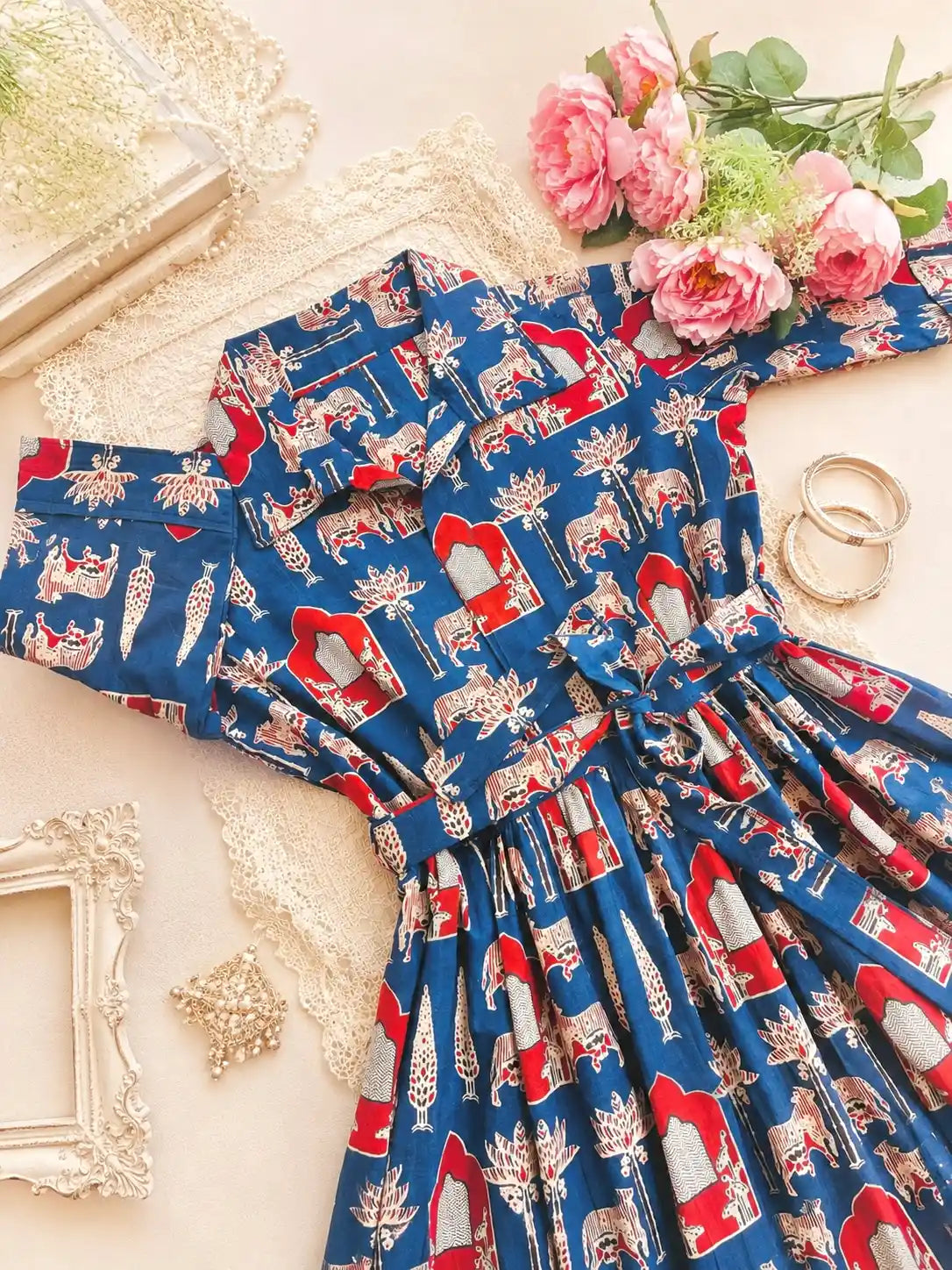 Blue Worli Collar Flared Dress