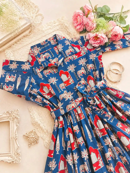 Blue Worli Collar Flared Dress