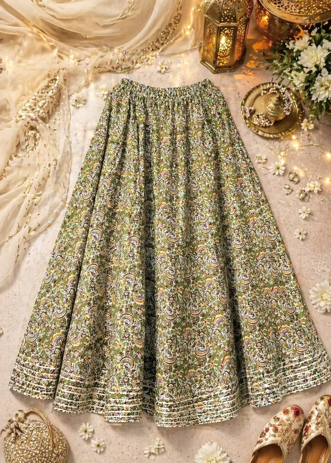 Green Kalamkari Jaipuri Twirl Skirt