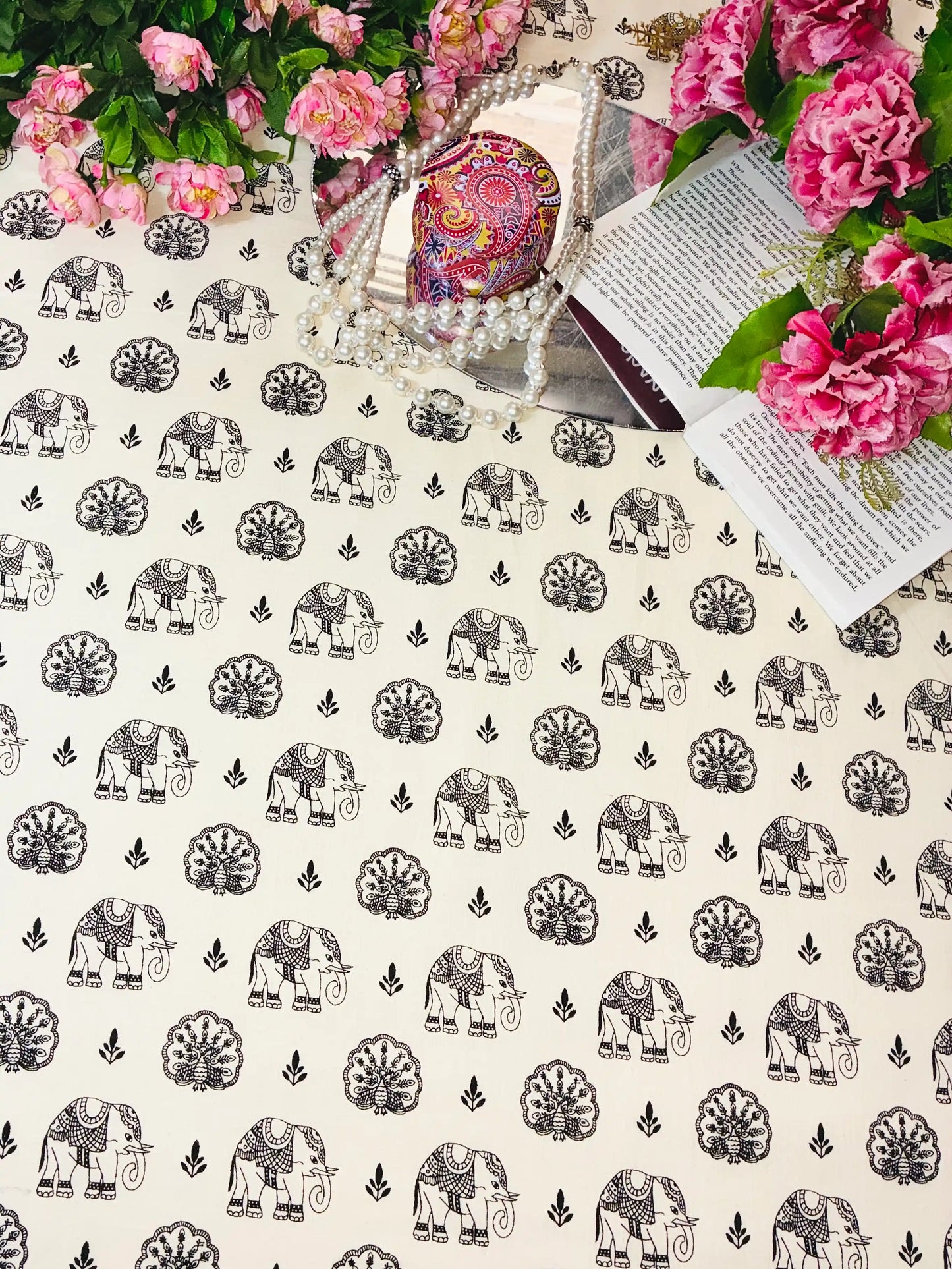 Black Elephant Motif Cotton Fabric