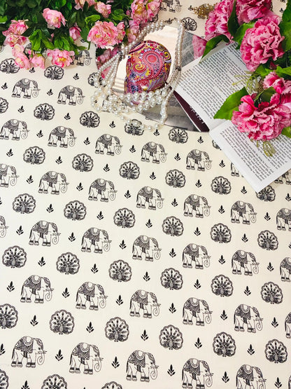 Black Elephant Motif Cotton Fabric