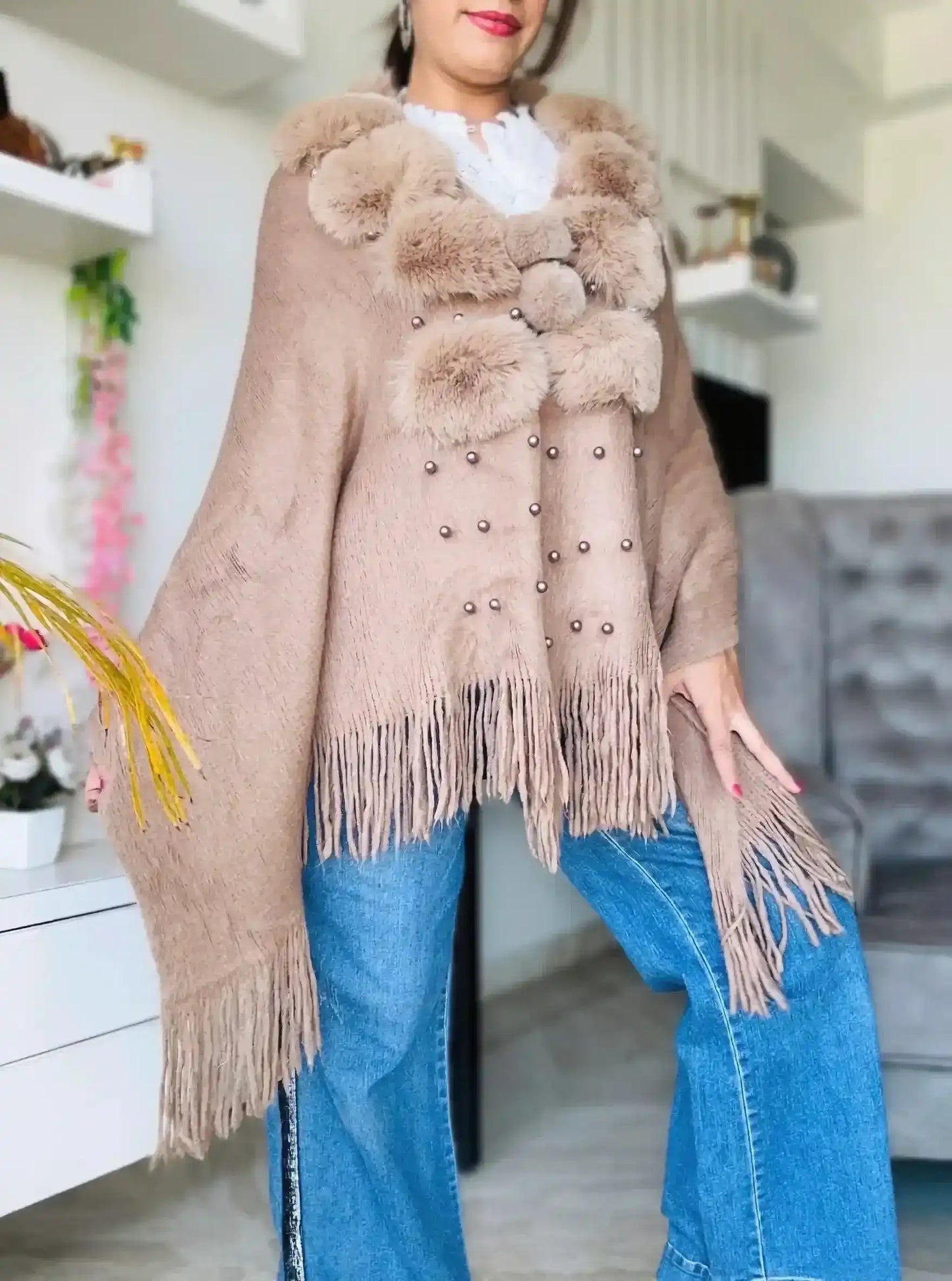 Brown Pearl Fur Winter Cape