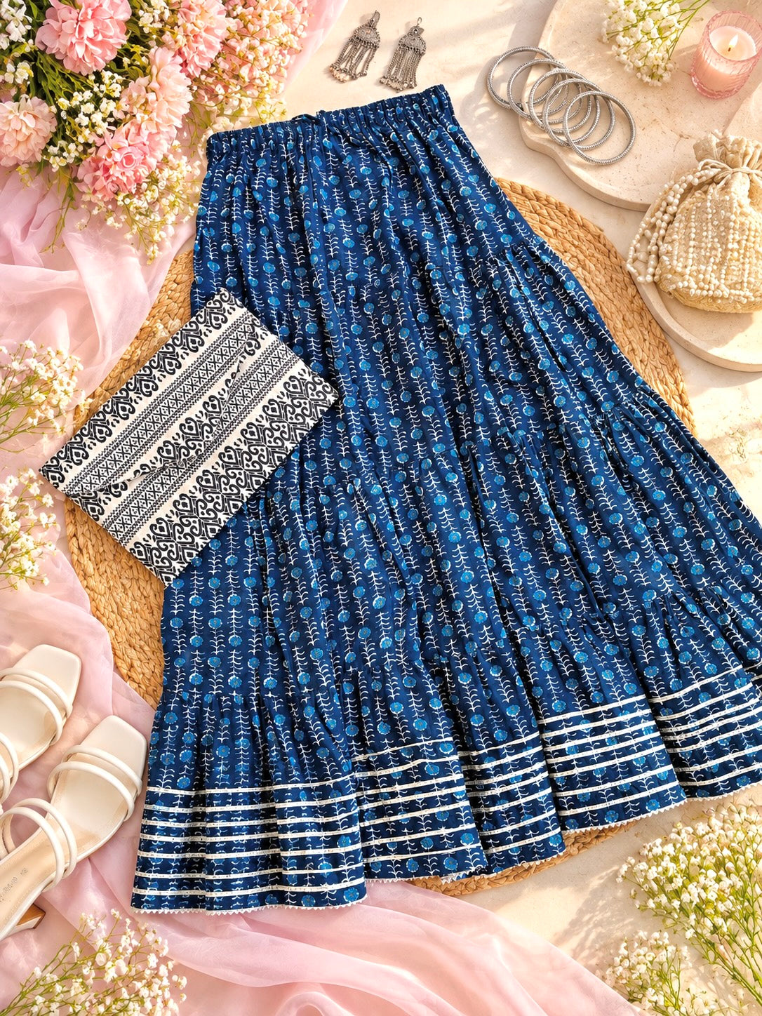 Rustic Jaipuri Indigo Flared Twirl Skirt