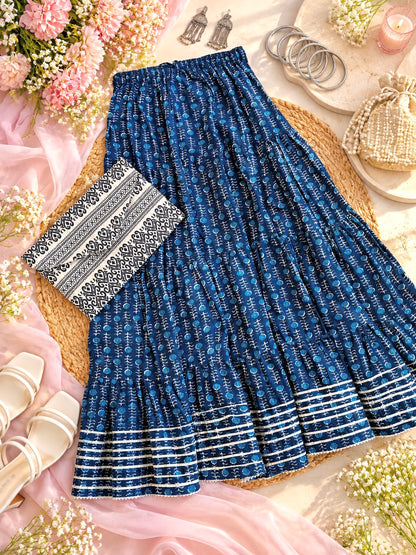 Rustic Jaipuri Indigo Flared Twirl Skirt