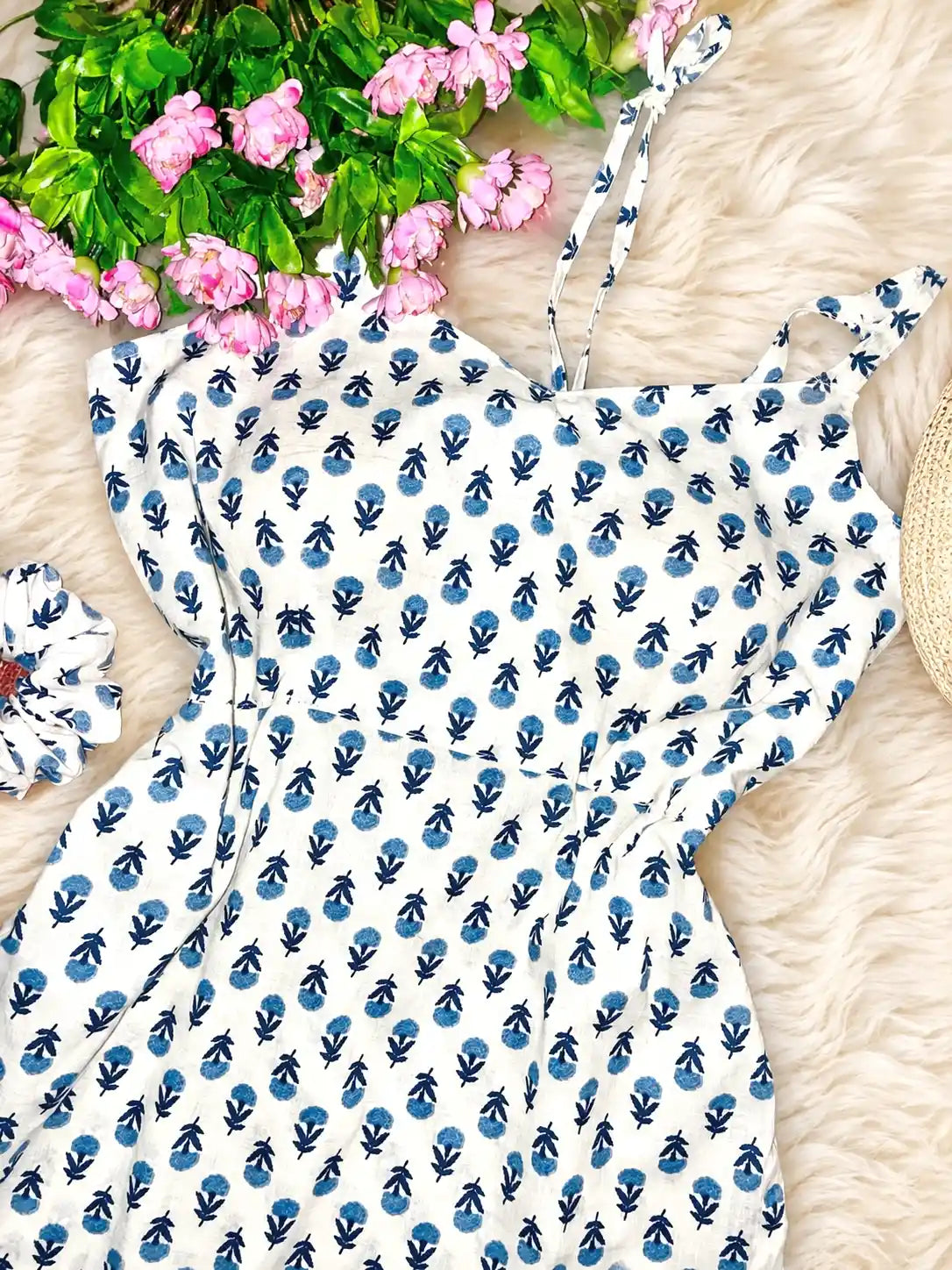 Blue Blossom Handblock Short Kurta