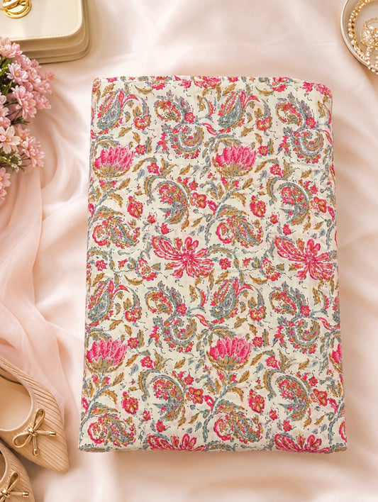 Pink Paisley Floral Kalamkari Print Cotton Fabric Cut