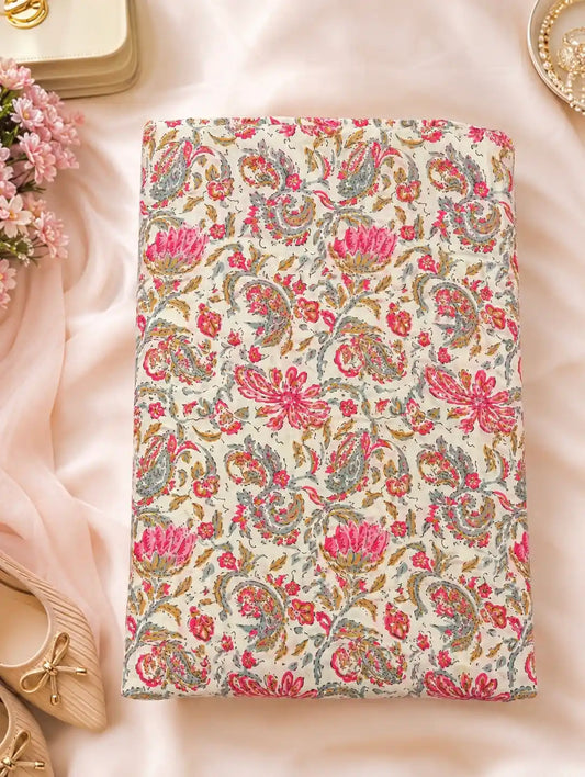 Pink Paisley Floral Kalamkari Print Cotton Fabric Cut
