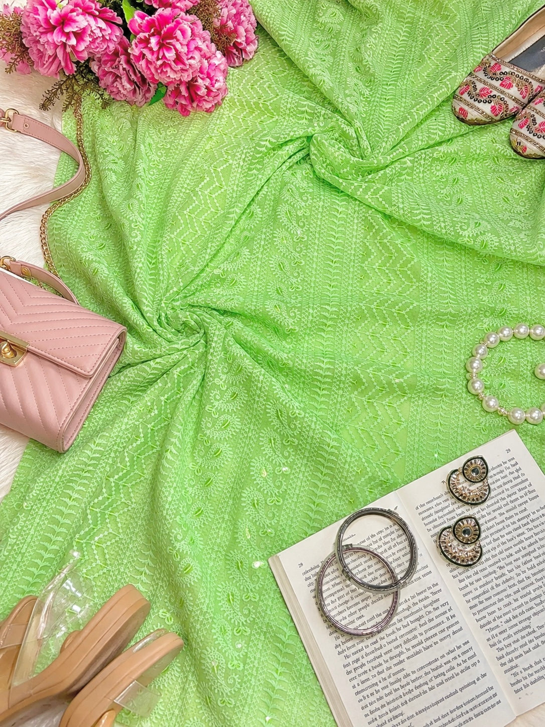 Luxury Lime Green Threadwork Chikankari Fabric