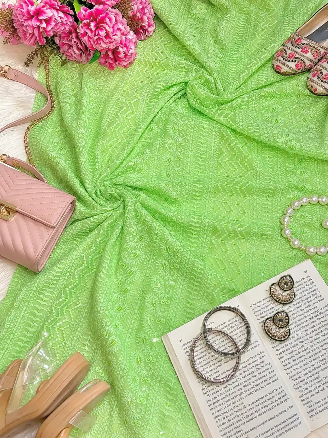 Luxury Lime Green Threadwork Chikankari Fabric