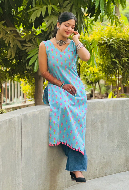 Blush Blue Jaipuri Mulmul Kurta