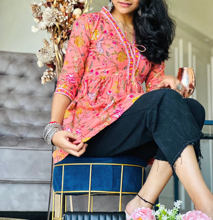 Pretty Peach Kalamkari Short Denim Kurta