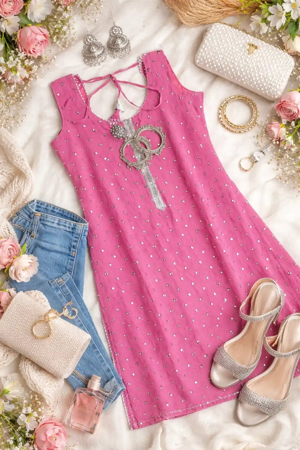 Gulnaz Peach Mirror Embroidered Kurta