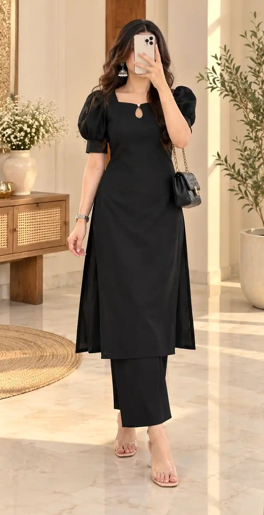 Black Elegance Puff Sleeve Kurta Set