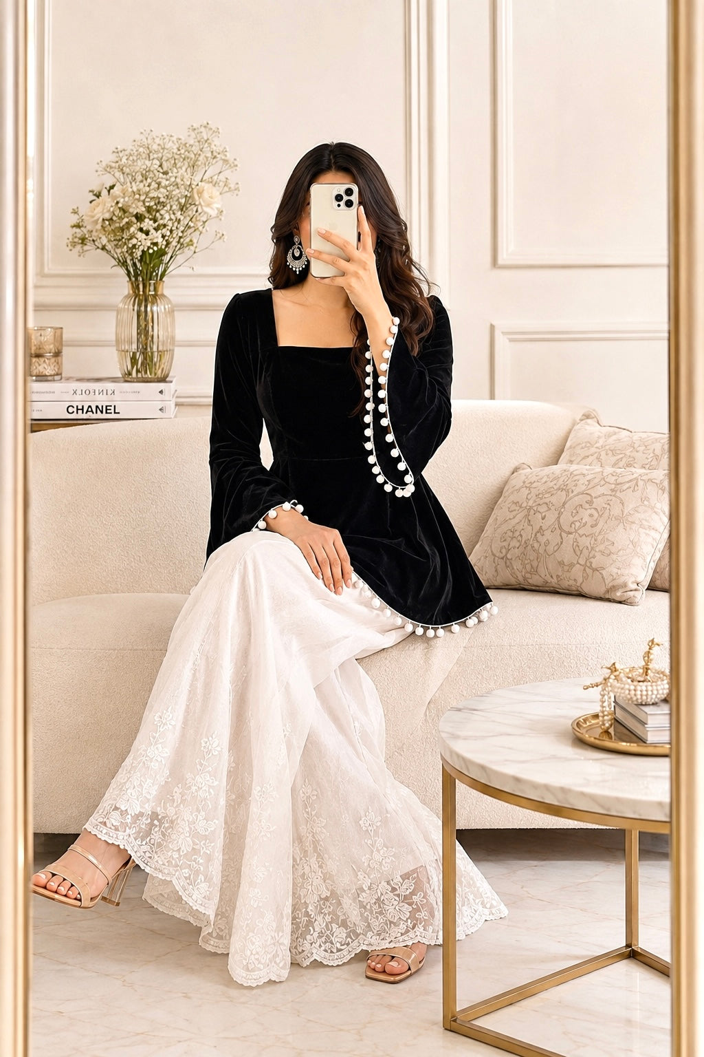 Black Velvet Bell Sleeves Peplum Top