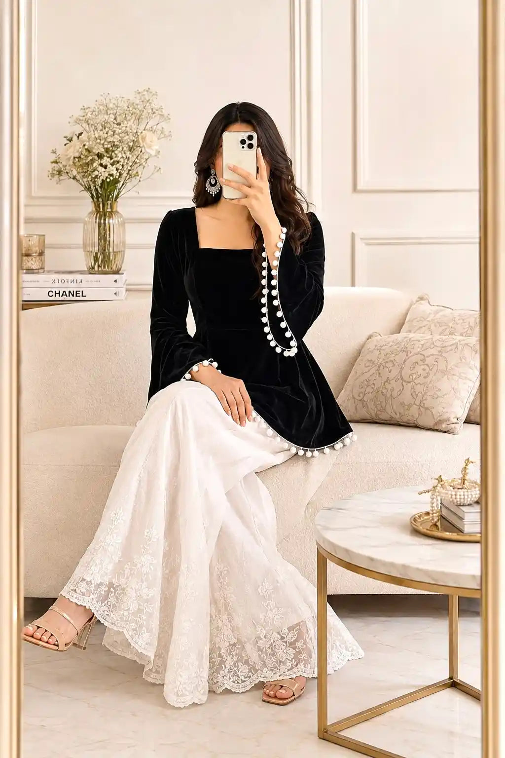 Black Velvet Bell Sleeves Peplum Top