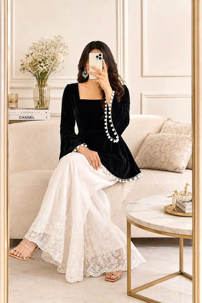 Black Velvet Bell Sleeves Peplum Top