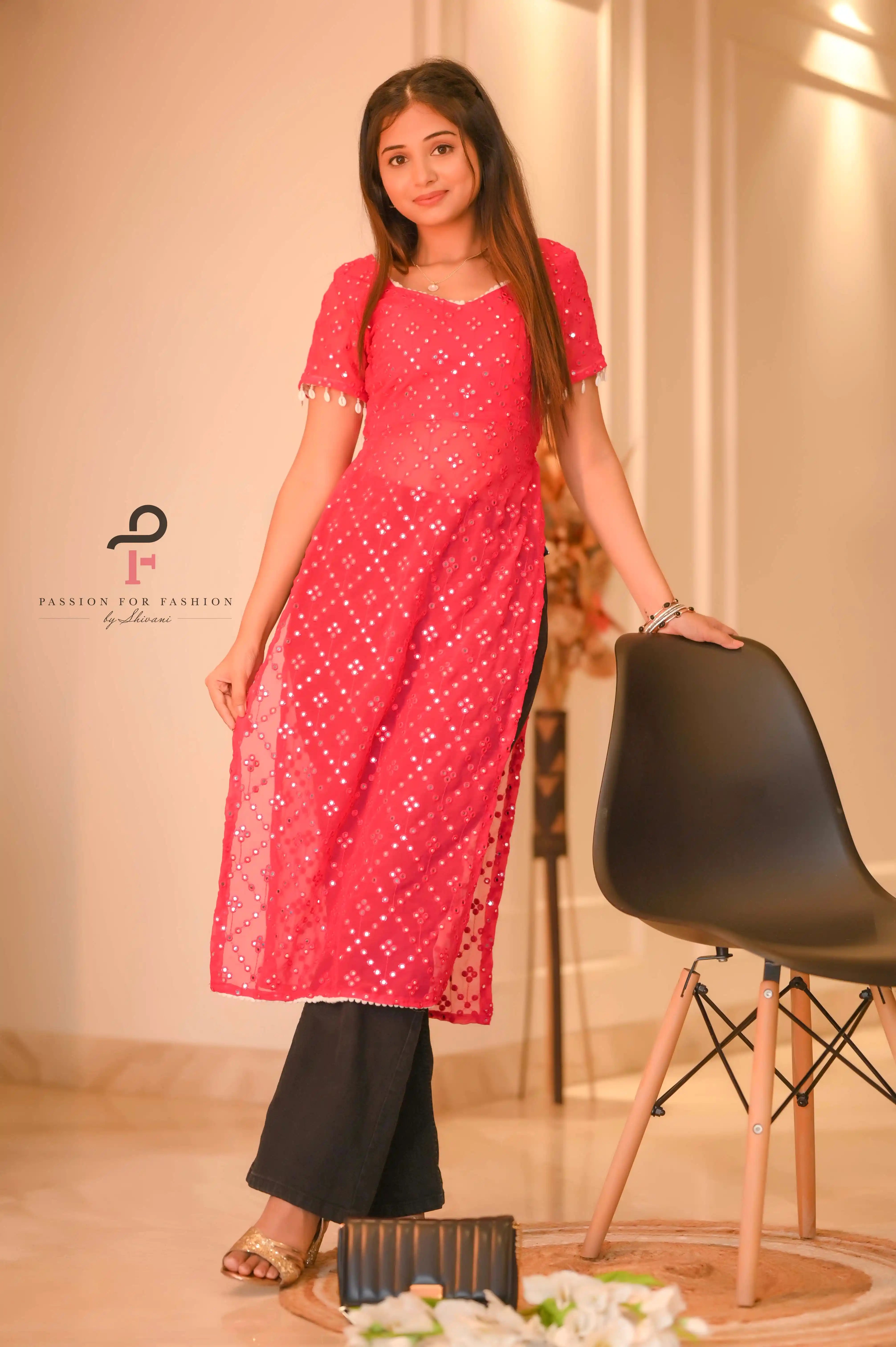 Hot Pink Embroidered Denim Gulnaz Kurta