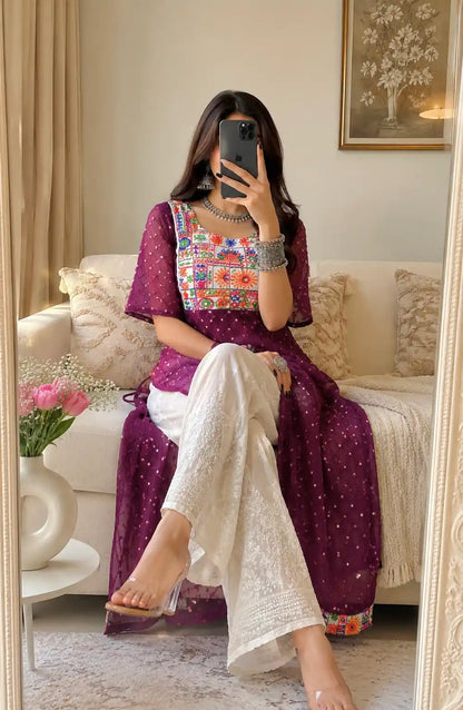 Plum Wine Kutchi Embroidered Gulnaz Kurta