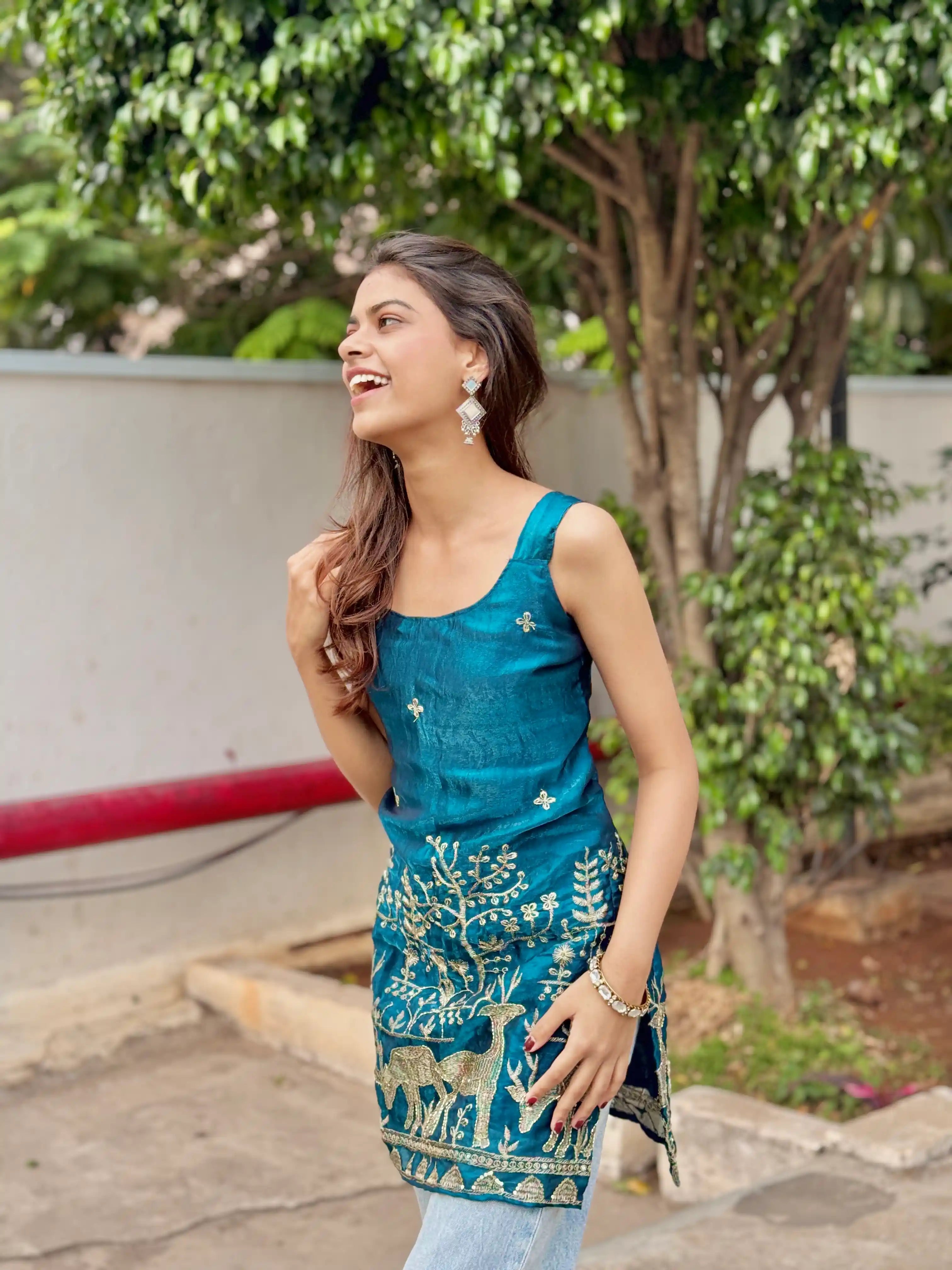 Teal Blue Hand Embroidered Kurta