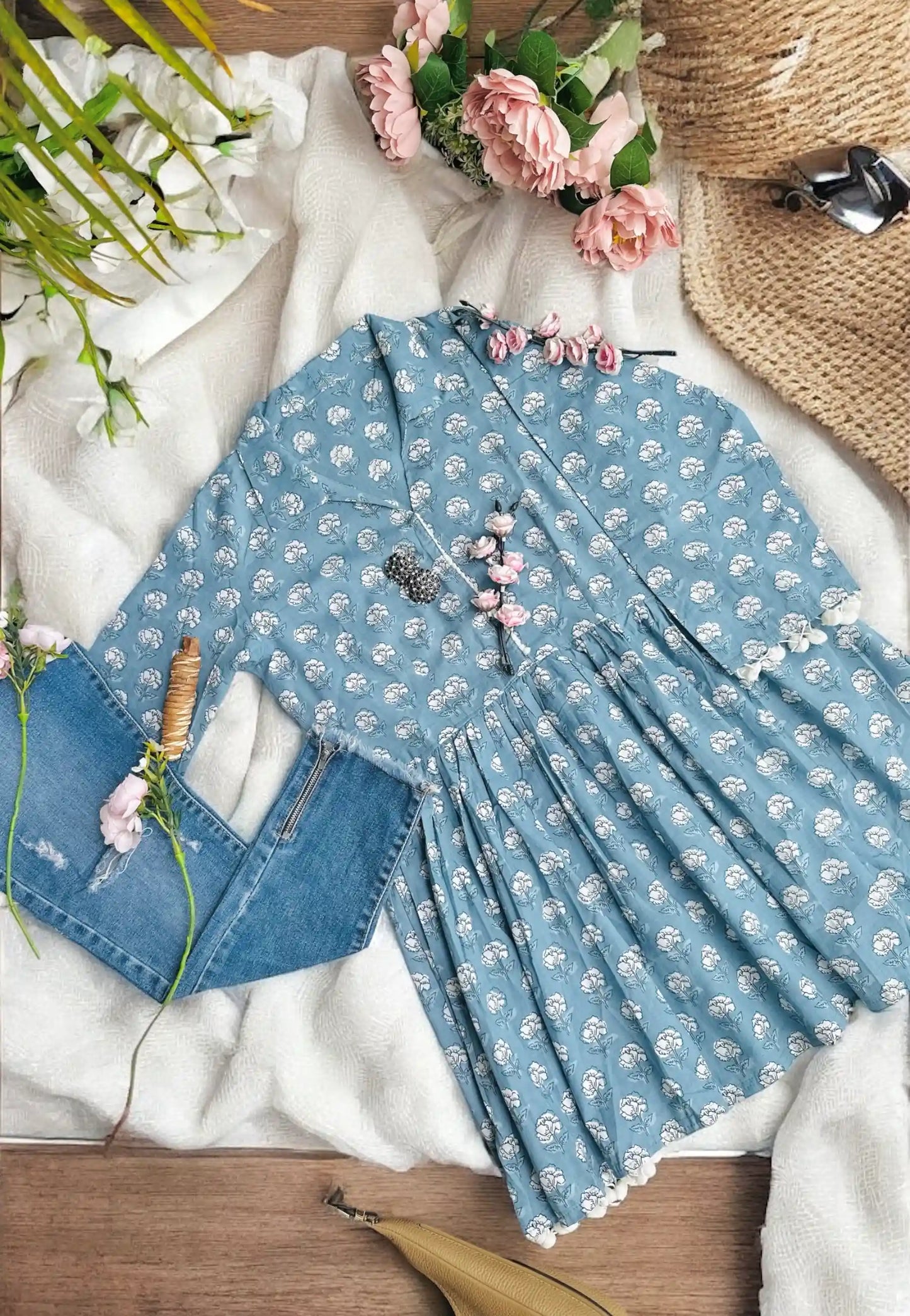 Grey Pom Pom Gulnaz Short Kurta