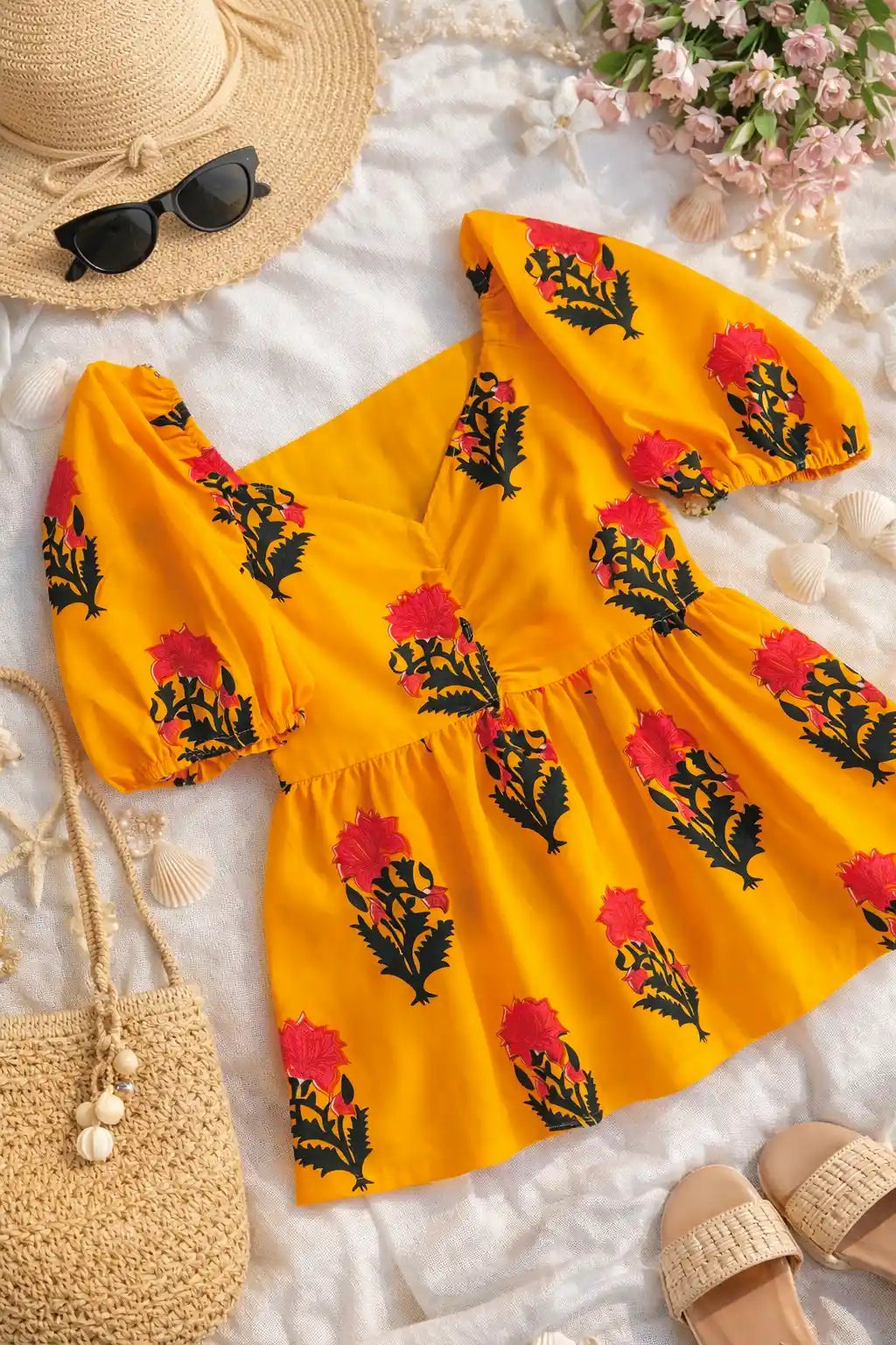 Sunflower Yellow Cotton Pleated Peplum