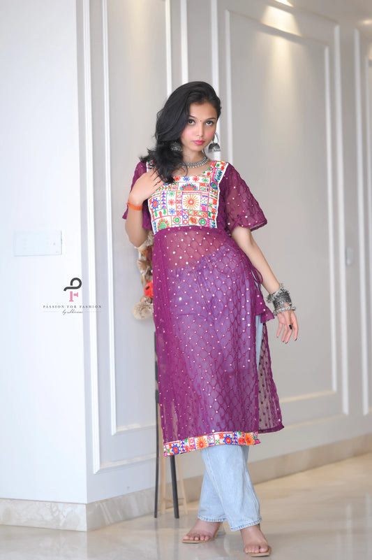 Plum Wine Kutchi Embroidered Gulnaz Kurta