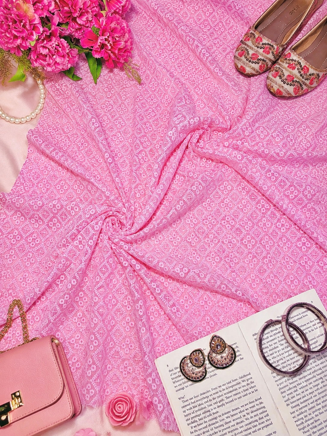 Elegant Baby Pink Ethnic Embroidered Fabric