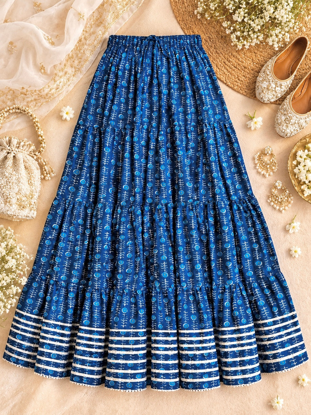 Rustic Jaipuri Indigo Flared Twirl Skirt