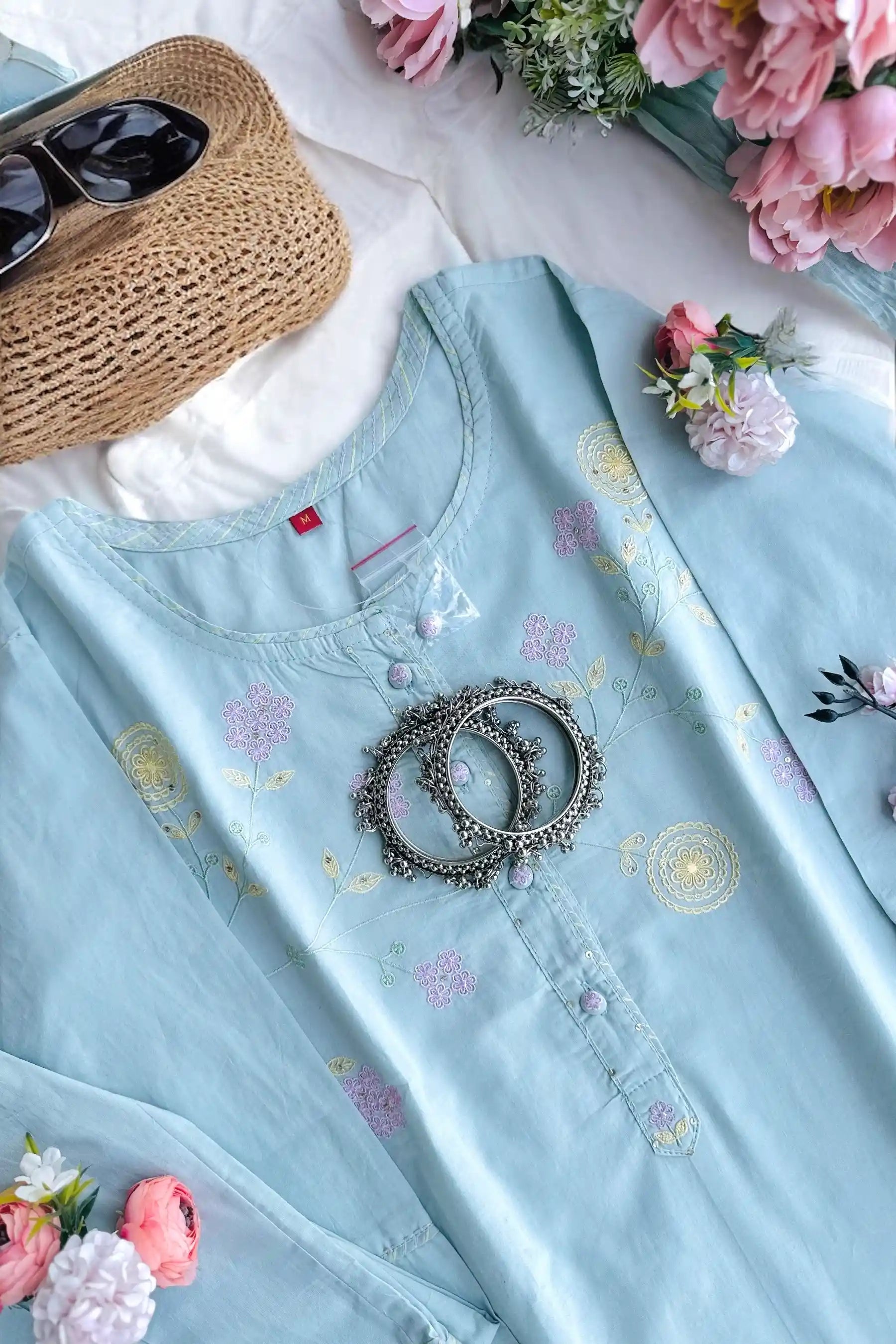 Pastel Aqua Blossom Kurta Set