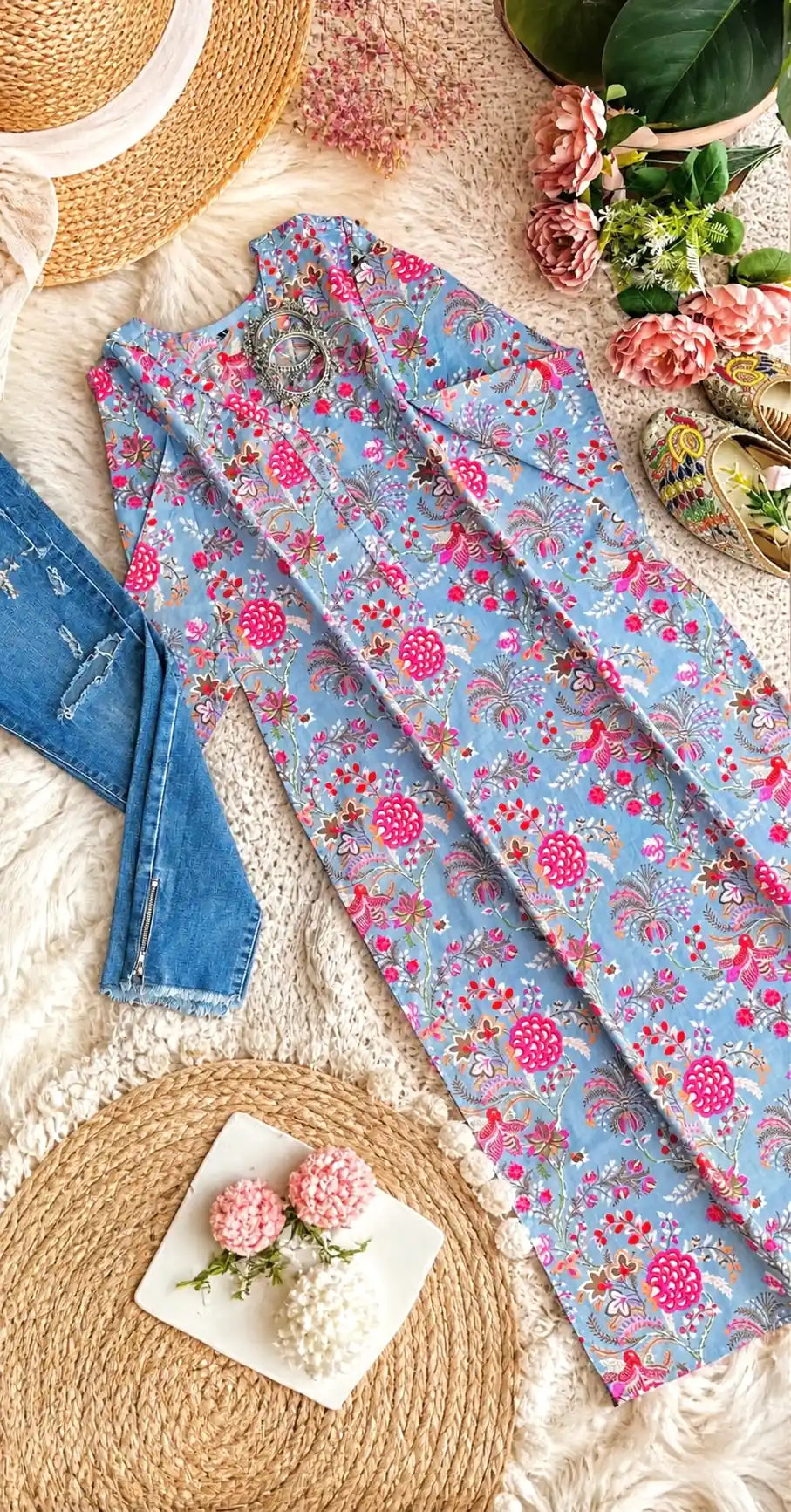 Grey Floral Mulmul Jaipuri Kurta