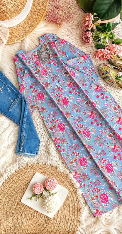 Grey Floral Mulmul Jaipuri Kurta