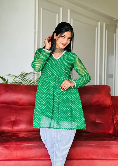 Bandhej Green Peplum Top