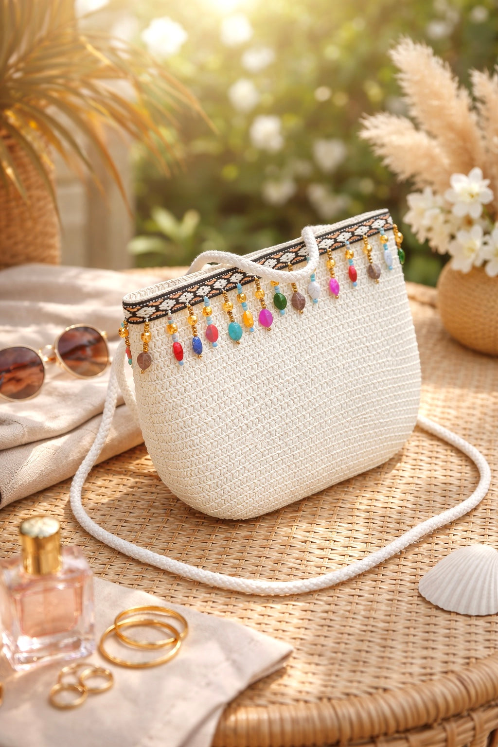 Boho Beaded White Crochet Sling Bag
