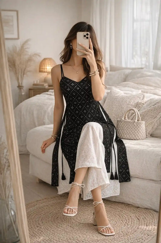 Black Hand Embellished Mirror Kurta