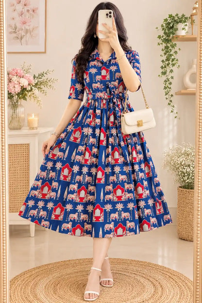 Blue Worli Collar Flared Dress