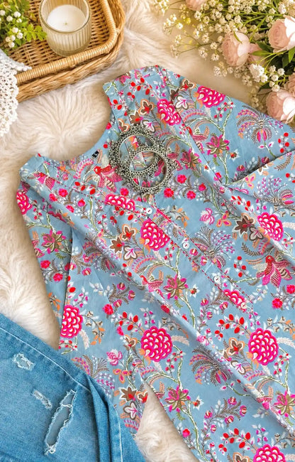 Grey Floral Mulmul Jaipuri Kurta