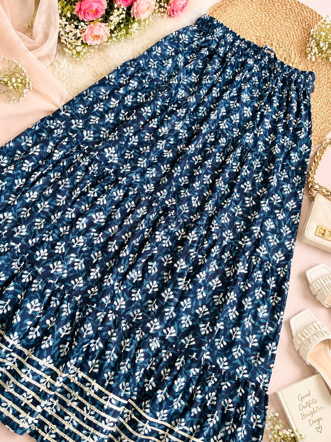 Jaipuri Indigo Block Flared Twirl Skirt