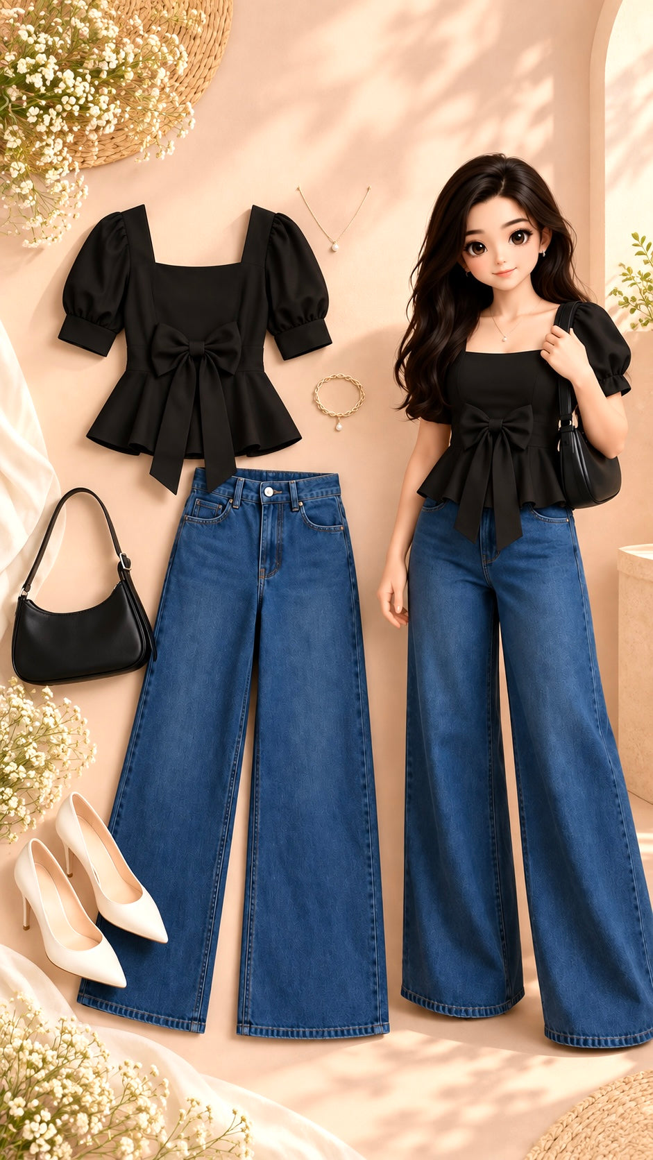 Chic Black Bow Puff Sleeves Top