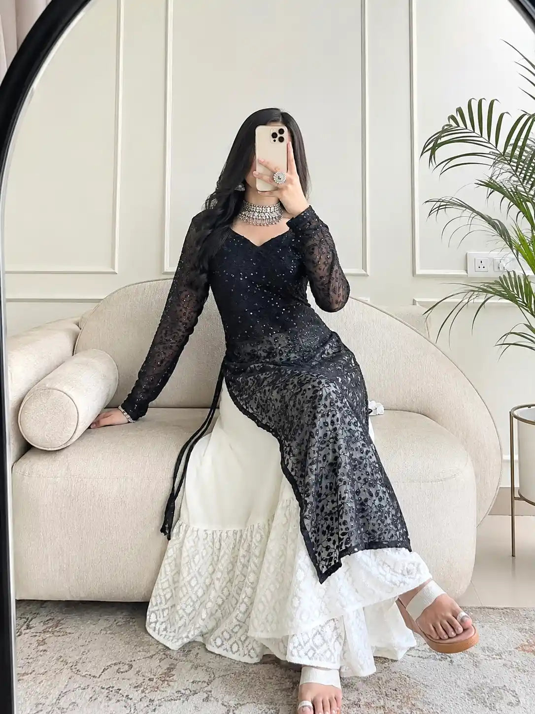 Smoky Black Leaf Gulnaz Kurta