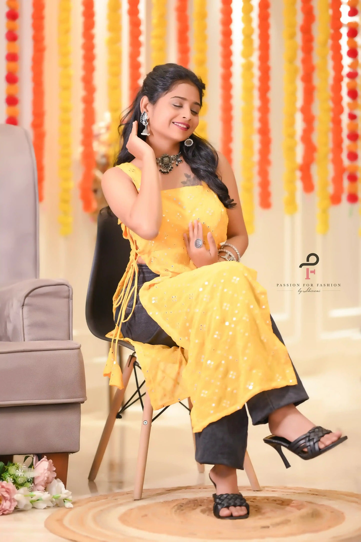 Embroidered Yellow Mirror Gulnaz Kurta
