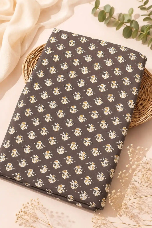 Charcoal Grey Floral Buti Cotton Fabric Cut