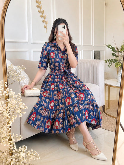 Blue Worli Collar Flared Dress