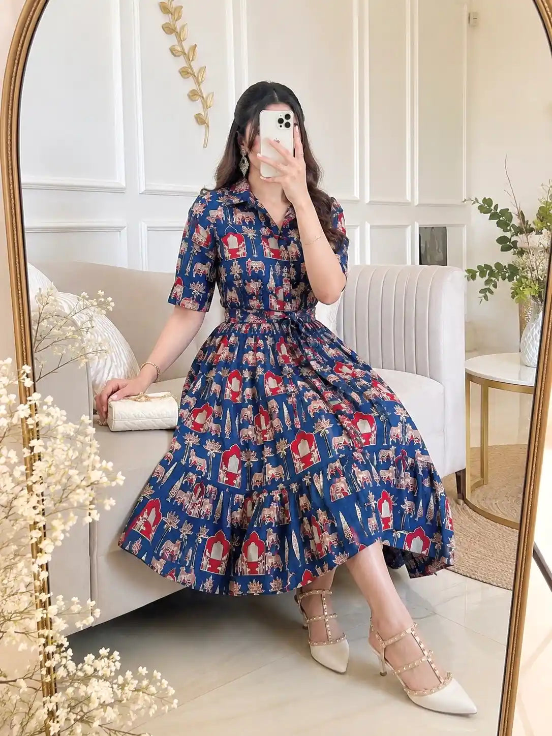 Blue Worli Collar Flared Dress