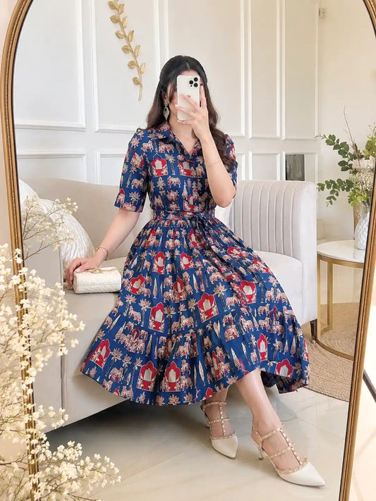 Blue Worli Collar Flared Dress