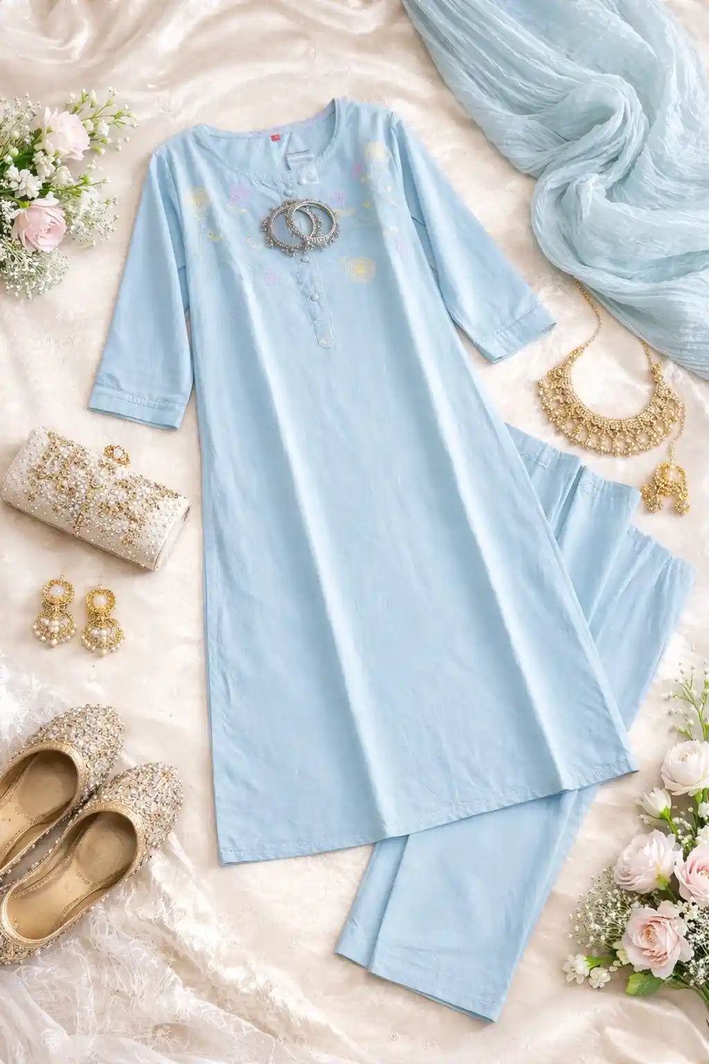 Pastel Aqua Blossom Kurta Set