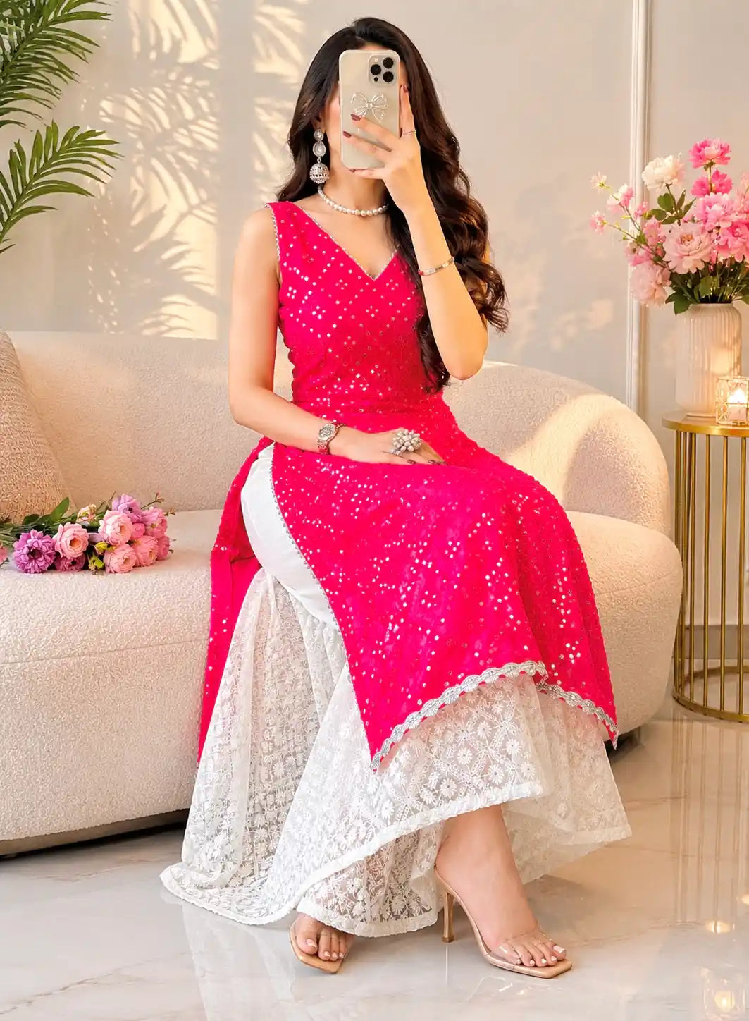 Salmon Pink Mirror Gulnaz Kurta